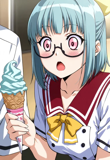 [[When bae gives you his ice cream]], masterpiece, best quality, 1girl, solo, eyelashes, (beautiful eyes),     zzSuzu, pink eyes, aqua hair, short hair, half updo, semi-rimless eyewear,    surprised, blush,  open mouth,  school uniform, ice cream, vanilla, awe, looking at ice cream, imminent dessert,    ,<lora:SuzuMidori_KanojoX3_IXL_v1:1.0>,
