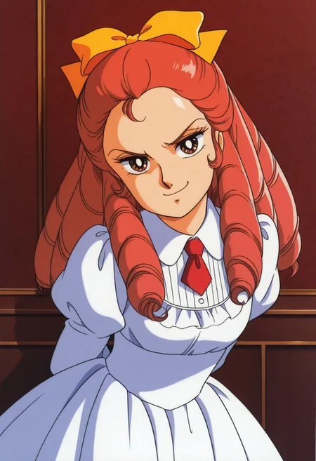 1girl, solo, Eliza_Leagan, shiny red hair, brown eyes, Edwardian ringlets hair, drill hair, hair bow, yellow bow on top, high resolution, more details, 8k quality, score_9, score_8_up, score_7_up, masterpiece, best quality, official art, official style, very aesthetic, absurdres, source_anime, perfect anatomy, 1980s (style), hanging eyes, proportions, anatomically correct, perfect hands, perfect fingers, high resolution, more details, 8k quality, best quality, white school dress, vintage Edwardian school as background, looking at viewer, smug smile, hands behind back,