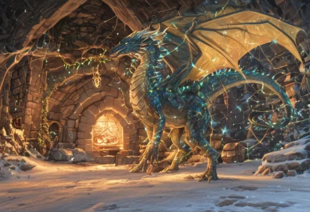 Dragon in Christmas cave, cave, festive cave, Christmas decorations, Christmas lights
(((Sparkling, Sparkly))) glowing dragon, christmas dragon, dragon wrapped in Christmas lights, glowing matrix, glowing Christmas lights, hyper realistic, photorealistic, HD, High detail, High detail eyes, high detail face, wings, glowing wings, light scales, glowing Christmas lights on wings, glowing light scales, tail, tail wrapped in Christmas lights, four legs,
BREAK
Snowy background