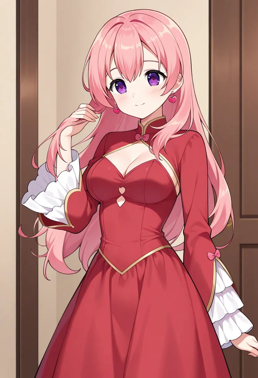 1girl, solo, fairyhartun, pink hair, long hair, hair down, purple eyes, medium breasts, heart earrings, red dress, long dress, long sleeves, wide sleeves, frilled dress, cleavage, soft smile, indoors, hand on hair, cowboy shot,