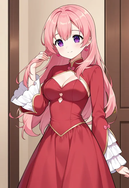 1girl, solo, fairyhartun, pink hair, long hair, hair down, purple eyes, medium breasts, heart earrings, red dress, long dress, long sleeves, wide sleeves, frilled dress, cleavage, soft smile, indoors, hand on hair, cowboy shot,