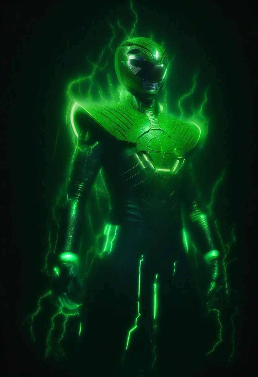 green sun, electricity, green glow, green theme, Necron, closeup shot green power ranger,