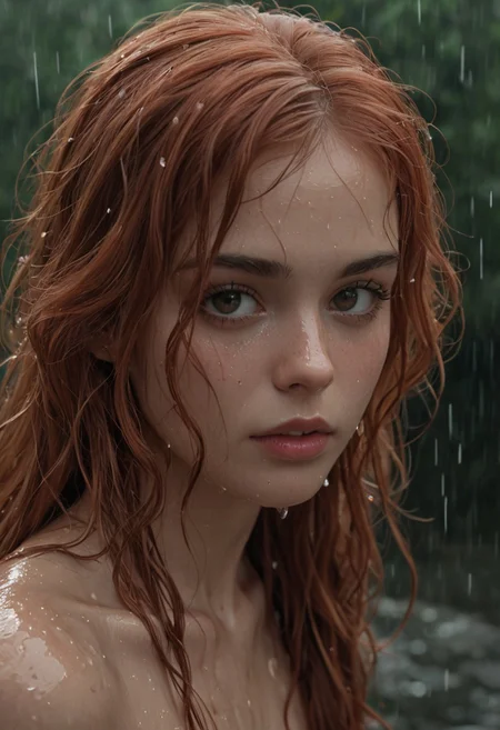 score_9, score_8_up, score_7_up, belle, hermione, princess of darkness, skinny, wet hair, auburn hair, rain