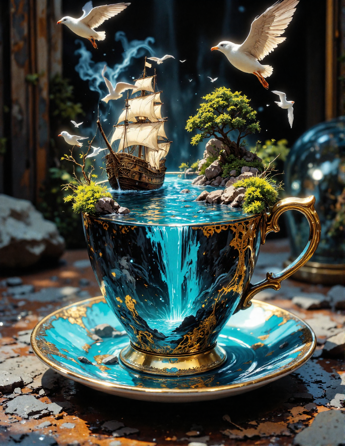 a blue and gold teacup filled with water and a ship. The teacup has an ornate handle and is decorated with gold. Inside the teacup is blue water that is wavy, and a sailing ship is in the water, partially underwater. There are also small trees and a waterfall inside the teacup.  Several tiny seagulls are flying around the teacup and ship. The teacup is sitting on a dark, rocky surface that looks wet and has small puddles. The image shows a teacup, ship, water, trees, waterfall, and seagulls, <lora:RetroAnimeFluxV1:0.3>, <lora:VividlySurreal:0.5>, <lora:aidmaFLuxPro1.1_v0.3:0.6>, <lora:Anime Art V3:1>