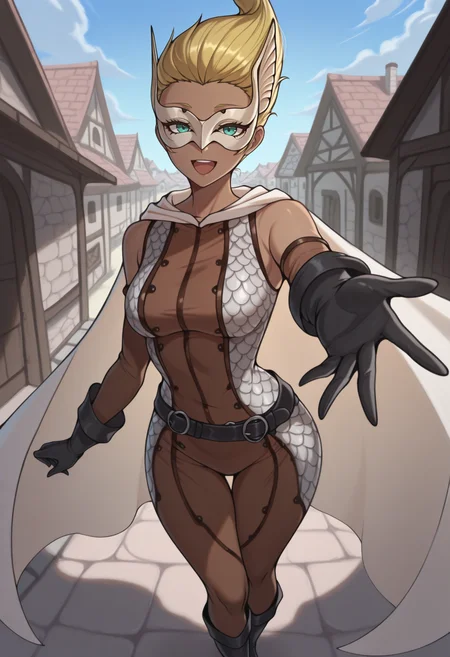 masterpiece, best quality, 1girl, reaching towards viewer, outstretched hand, :d, foreshortening, <lora:ValkyrieSMT-illu:1> vlkry, blonde hair, hair slicked back, aqua eyes, mask, dark-skinned female, white cape, brown bodysuit, armor, bare shoulders, detached sleeves, black gloves, black belt, black boots, village