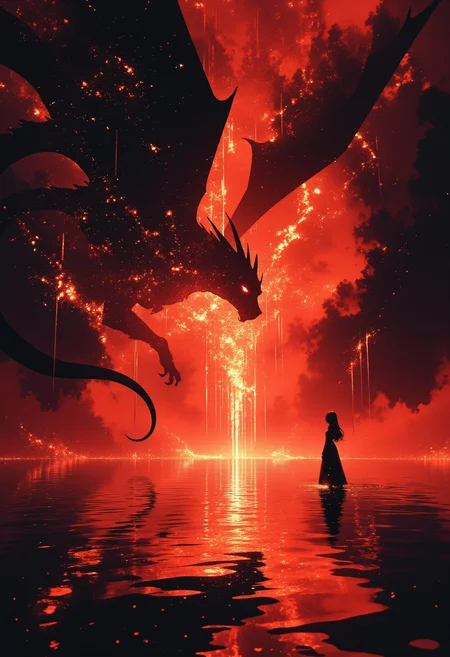 aidmamj6.1, 8k, intricate detail, cinematic lighting, epic composition, cinematic,  vibrant reflective holographic drawing in the style of ckhg art of black Silhouette of a girl in dress and a dragon with wings meeting on the lake surrounded by sparkling light particles, close-up, black background
fire  particles cascading down from the black silhouette of dragon
The light shines faintly and dully due to the fog rising from the lake, creating a fantastic atmosphere.
cracked light , smokey haze in floating, dreamlike reality
Fantastic and mysterious illustration like the world in a transparent dream
<lora:aidmaMJ6.1_v0.5_3:0.4> <lora:ck-holographic-glitter-000015:0.5>,<lora:Abstract_Art_III:0.1> , complex , expressive, red