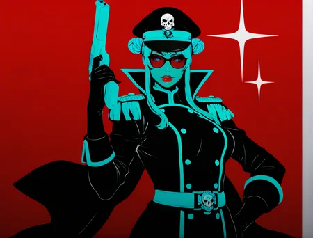 limited color palette,lineart,vector,red theme,dark theme,1girl, solo, breasts, looking at viewer, blue eyes, gloves, bare shoulders, medium breasts, blue hair, sidelocks, hairband, elbow gloves, hair bun, lips, double bun, aqua hair, cone hair bun,puffy lips,lipstick,sunglasses,looking at viewer,
edgCommissar, looking at viewer, gloves, long sleeves, closed mouth, jacket, belt, uniform, coat, black jacket, hand on hip, sparkle, black headwear, scar, epaulettes, black coat ,wearing edgCommissar,skull emblem,millitary uniform,hat,teeth,handgun,holding weapon,
<lora:edgIllustriousXLCommissar-000008:0.9>
<lora:edgIllustriousXL_Flatstylelr:1>