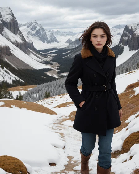(style of Peter Lindbergh, style of Hasselblad:1.3), (cowboy shot, solo-focus, cinematic photoshoot of perfect seductive young woman Navigating a Treacherous Mountain Path in a Blizzard:1.15), perilous journey along a snow-laden mountain path, with fierce blizzard winds sculpting surreal snowdrifts and ice formations, under a brooding, stormy sky. cleavage epiCPhoto Style-EMCG