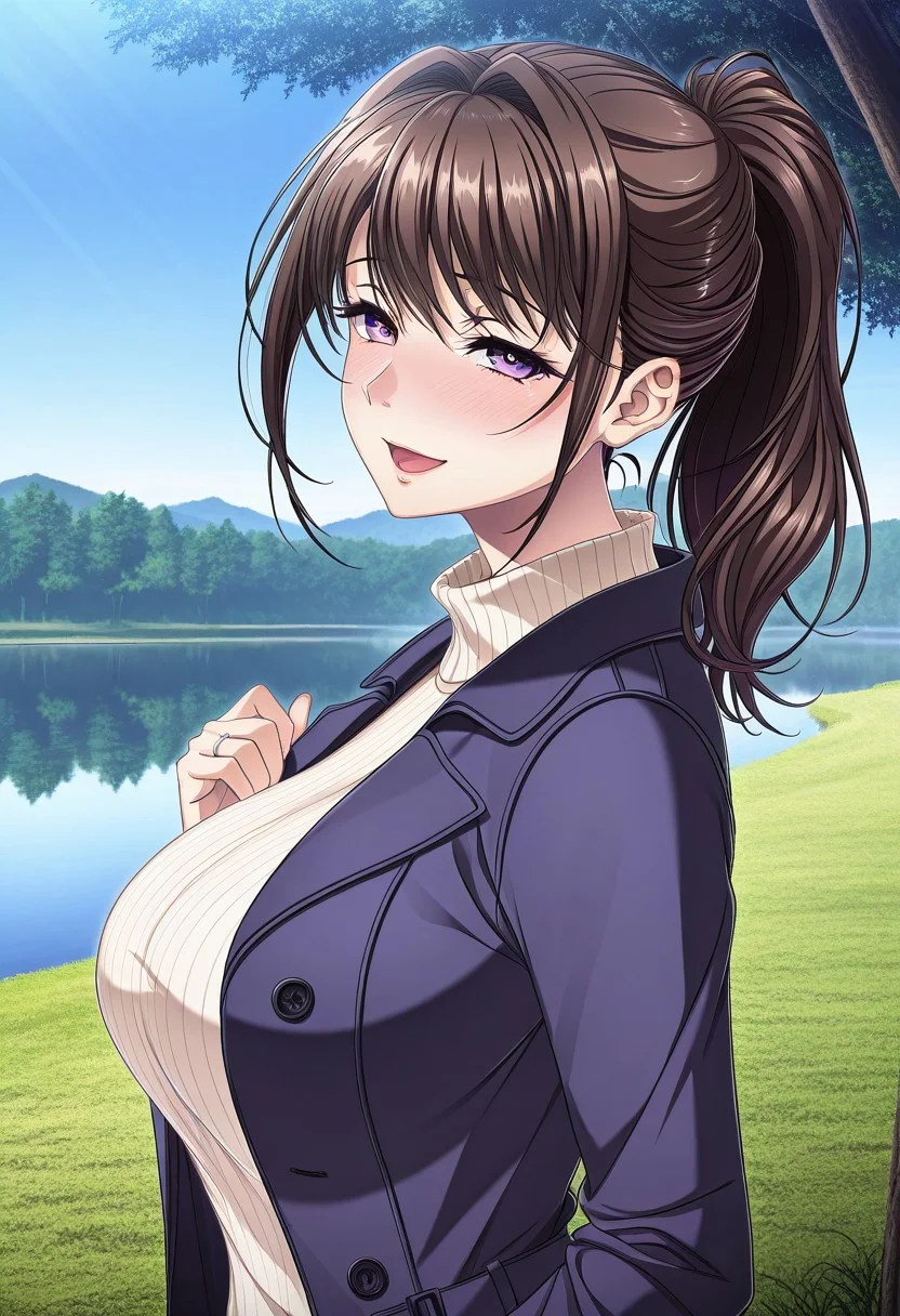 masterpiece, best quality, newest, highres, uncensored, 1girl, yokota mamoru style,1girl, slender face,motion lines,blush,torogao,looking at the viewer,seductive smile
Ichinose Ayako,Brown Hair, Ponytail, Shoulder-length Hair,Long Hair, Sidehair, Straight Hair,Violet Eyes,Slim
1girl,solo
1girl, solo, purple eyes, breasts, ring, looking at viewer, outdoors, blush, large breasts, brown hair, wedding ring, jewelry, day, smile, tree, sweater, open mouth, coat, open clothes, sky,sideview,from side,lake,tree,grass