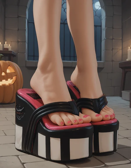 score_9, score_8_up, score_7_up, score_6_up,
halloween scene,
foot focus,
1girl,
standing, 
dungeon,
ï»¿lag00na platform flip flops, (platform footwear:1.1), pink toenail polish,
embedding:zPDXLrl ,
embedding:zPDXL2 ,