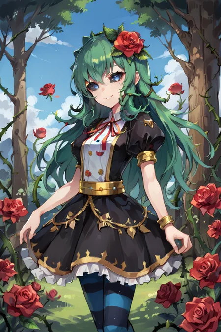 score_9, score_8_up, score_7_up, source anime, BREAK, <lora:Tora:0.80> , tordef, 1girl, solo, long hair, green hair, black sclera, blue eyes, flower, hair flower, hair ornament, center frills, black dress, frilled dress, gold trim, neck ribbon, red ribbon, juliet sleeves, yellow armlet, spiked armlet, yellow belt, striped thighhighs, horizontal-striped thighhighs, plant, rose, thorns, vines, (cowboy shot), looking at viewer, scenery, exterior, outdoors, <lora:backgroundsetXL:0.2> , background, (solo), smile, <lora:LAMXLP6lokrV4236:0.6>