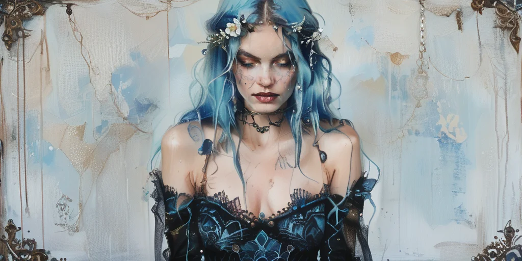 score_9, score_8_up, score_7_up,a painting of a woman with blue hair, a character portrait by Nína Tryggvadóttir, behance contest winner, context art, storybook illustration, bioluminescence, cyanotype <lora:ArsMJStylePony_Light:1>