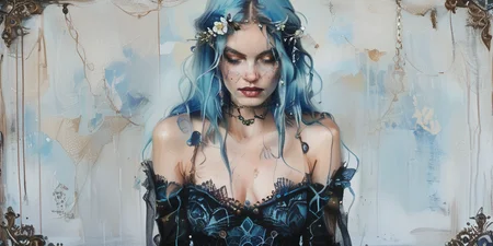 score_9, score_8_up, score_7_up,a painting of a woman with blue hair, a character portrait by Nína Tryggvadóttir, behance contest winner, context art, storybook illustration, bioluminescence, cyanotype <lora:ArsMJStylePony_Light:1>