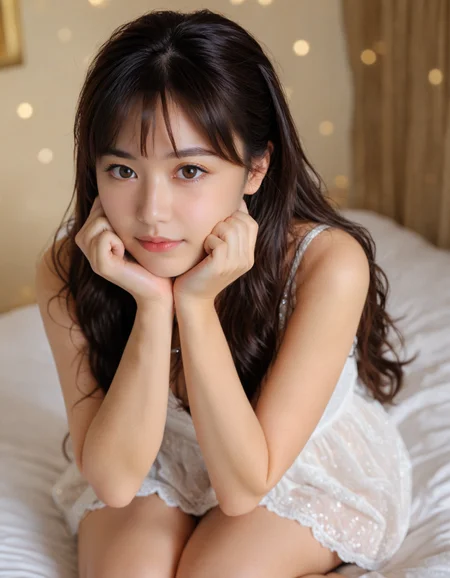 masterpiece, best quality, (adult girl), posing (very submissive:1.5), (kneel on the bed), supporting head on hands, (cute face, temptations look), (shallow focus:1.2), (shy, in love, in love expression:1.2), (triangle shape face:0.6), (black hair:1.2, long brown hair), deep v top, dress, bed, (rim light from bottom-right:0.96), (Canon 50 f/1.2 lens bokeh), <lora:hinaTuningFaceDetailer_SDXL-v2-rank256-pruned:1>