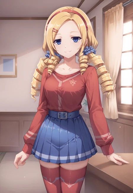 score_9, score_8_up, score_7_up, Solution_Epsilon, hair ornament, drill hair, blonde hair, empty eyes, blue eyes, blue skirt, hairclip, pleated skirt, hairband, scrunchie, red thighhighs, smile, smirk, indoors