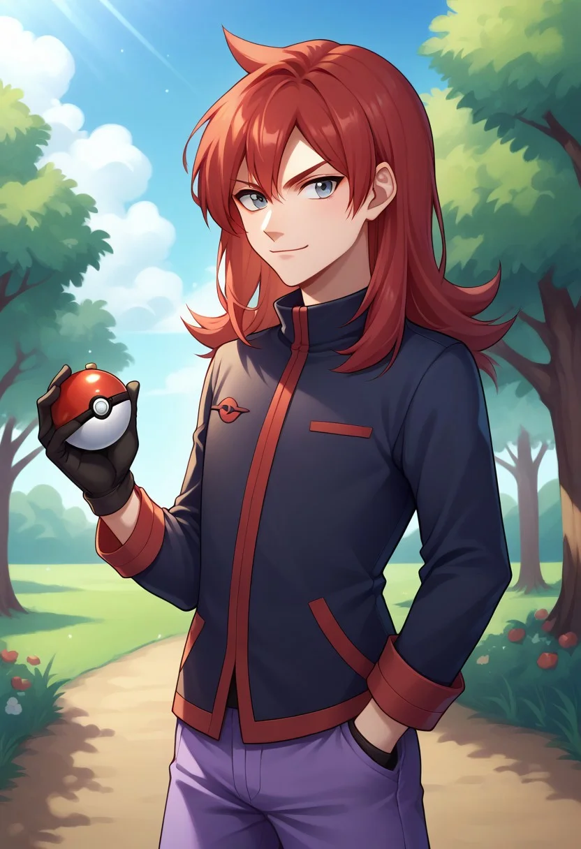 score_9, score_8_up, score_7_up, source_anime, highly detailed,
pokesilv, 1boy, male focus, solo, red hair, long hair, poke ball, holding poke ball, gloves, holding, purple pants, grey eyes, poke ball (basic), upper body, pants, black gloves, standing, jacket, smirk,
outdoor, tree, sky,