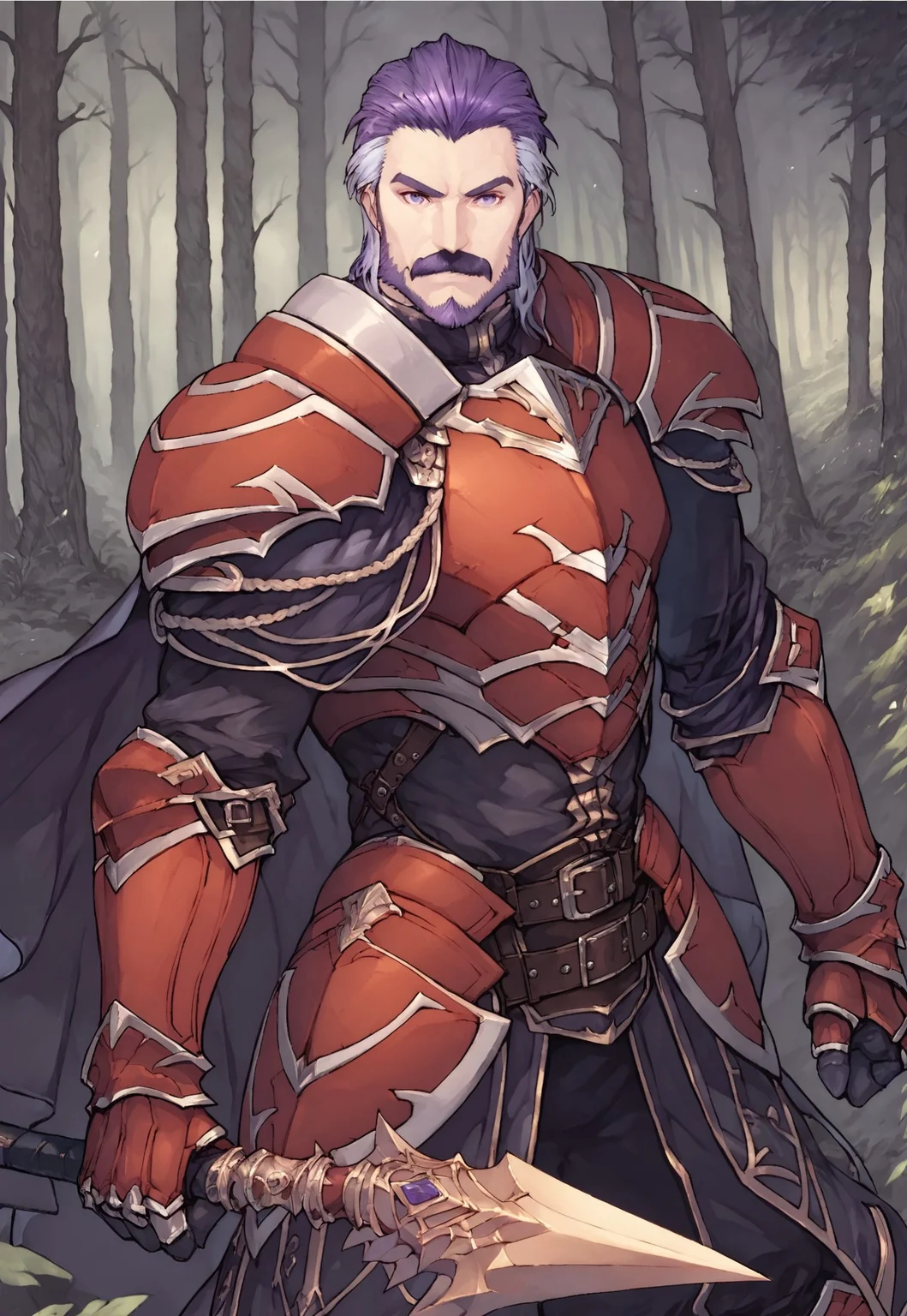 score_9, score_8_up, Duessel, facial hair, mustache, two-tone hair, purple hair, grey hair, greyish purple eyes, armor, pauldrons, belt, gauntlets, looking at viewer, forest, smile, cape, dynamic pose, holding a polearm, dutch angle,