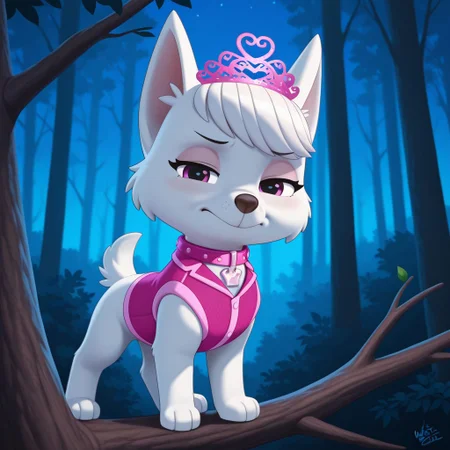 Sweetie(PP), solo, 1girl, feral, dog, dog girl, West Highland White Terrier, white fur, bangs, pointed dog ears, dog tail, short tail, pink eyes, pink collar, crown shaped dog tag, pink tiara, pink vest, full body, looking at viewer, standing on tree branch, eyes half closed, stoic expression, nighttime, forest background,