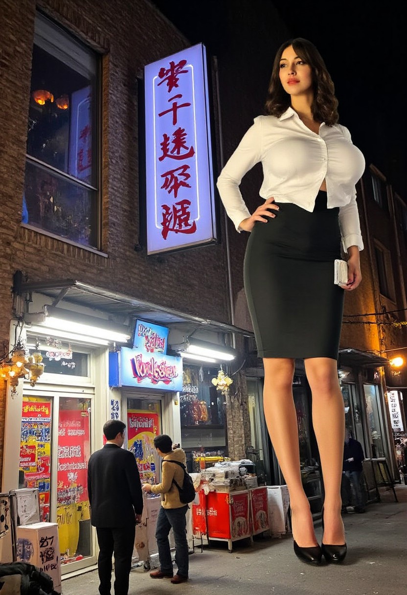 an asian very tall woman m1n1g14nt3ss with feather bangs and huge breasts that are bursting out of the m1n1g14nt3ss white button down top towering above a noodle shop. the m1n1g14nt3ss is wearing professional office attire that is too small for her enormous height. She is wearing a tight pencil skirt that barely covers her butt the height difference is emphasized by her slightly slouched posture to interact with the shop. it's night and the scene is lit by neon signs and warm lamps hanging inside the shops in the street, aidmamj6.1