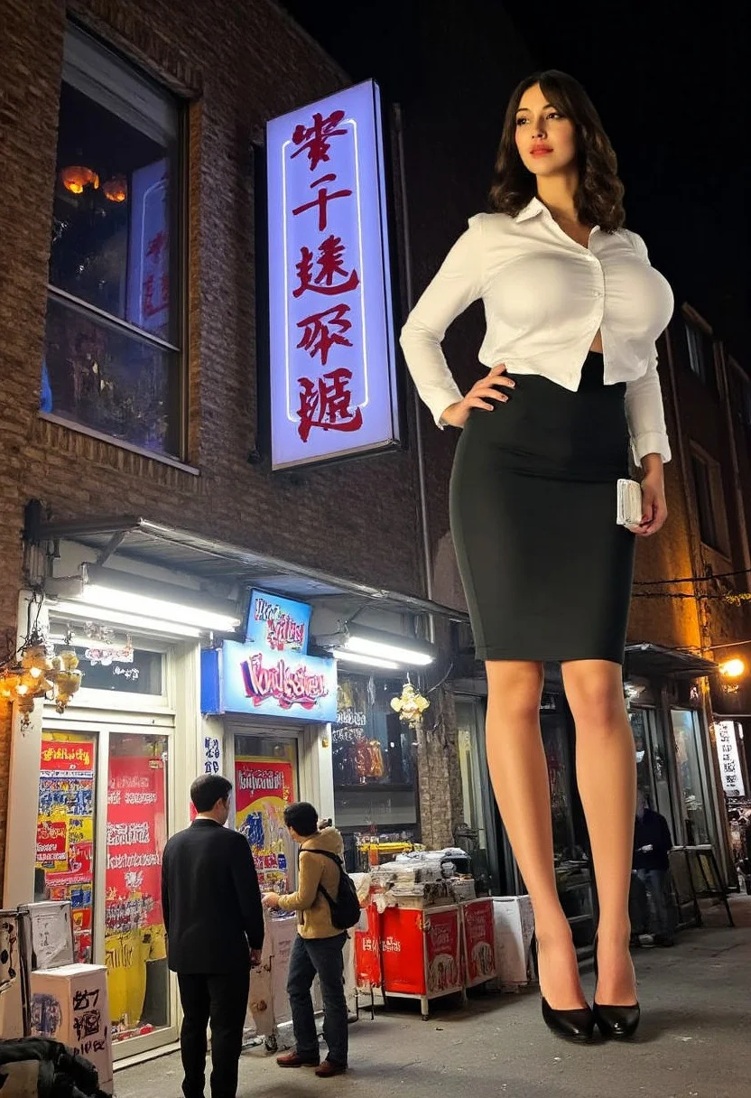 an asian very tall woman m1n1g14nt3ss with feather bangs and huge breasts that are bursting out of the m1n1g14nt3ss white button down top towering above a noodle shop. the m1n1g14nt3ss is wearing professional office attire that is too small for her enormous height. She is wearing a tight pencil skirt that barely covers her butt the height difference is emphasized by her slightly slouched posture to interact with the shop. it's night and the scene is lit by neon signs and warm lamps hanging inside the shops in the street, aidmamj6.1