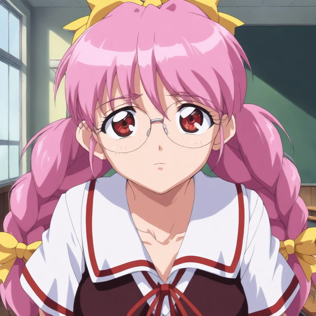 masterpiece,1girl,solo,looking at viewer,upper_body,<lora:Rika_Respect ag4o v1:1> rika_respect, glasses, pink hair, twin braids, hair bow, red eyes,school uniform,