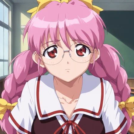 masterpiece,1girl,solo,looking at viewer,upper_body,<lora:Rika_Respect ag4o v1:1> rika_respect, glasses, pink hair, twin braids, hair bow, red eyes,school uniform,