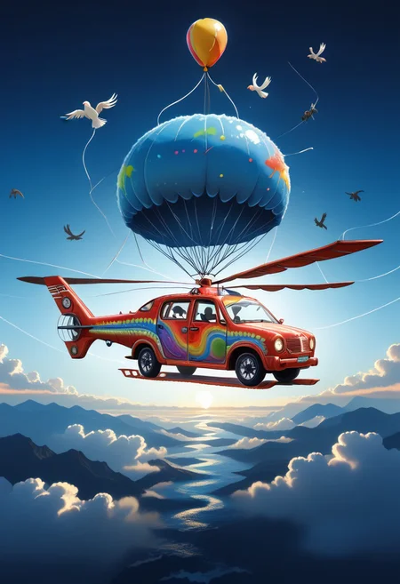 ppstorybook, A whimsical, flying van made of shingles with rainbow-colored paint and oversized wheels, soaring through the clouds with balloons made of shingles trailing behind, surrounded by fluffy clouds made of shingles and playful birds made of shingles , depicted in a cheerful, cartoonish style with soft pastel hues. mad-shingles