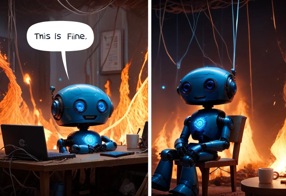 score_9, score_8_up, score_7_up, computer server room, computer server, wires, sparks, fire, smoke, billowing smoke, tangled wires, CivBot, blue robot, 2koma, comic, fire, sitting, speech bubble, burning, table, chair, cup