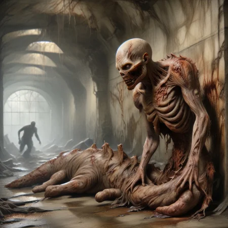 Dark Fantasy page, Inside a crypt. sluggirl,  undead, twitching, writhing. Walls made of flesh. Painting. Monster Manual. s34slug, 
zombie slug hybrid man monster.