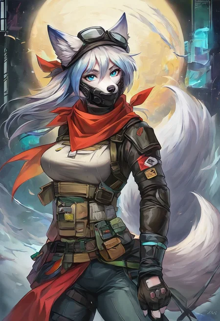 Score 9, Score_8_up, Score_7_up, ng_deepnegative_v1_75t, negative_hand, charturnerv2, knee-deep portrait of adult female, banners, starship, high technology, shirt, fingerless gloves, soldier uniform,, , anime, Arknight provens, detailed background, cyberpunk, bandana, facemask, furry, arctic fox species, arctic fox tail, arctic fox ears