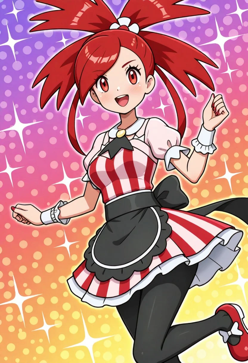 hinosaki, [[pokemoa, gonzarez]], 2d, masterpiece, best quality, amazing quality, highres, absurdres, newest, 1girl, solo, mature female, medium breasts, jumping, multicolored background, sparkle, gradient background, red background, orange background, colorful background, colorful, hearts, medium breasts, mature female, flannery \(pokemon\), red eyes, ponytail, red hair, long hair, red nails, hair ribbon, pink ribbon, hair flower, white flower, collared dress, striped dress, red dress, pink dress, multicolored dress, puffy short sleeves, black ascot, wrist cuffs, waist apron, black apron, black pantyhose, shoes, red footwear, footwear bow