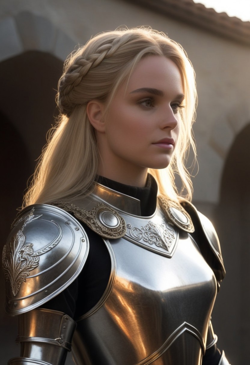 A female paladin, clad in meticulously crafted, highly reflective plate armor, stands in a vaguely European medieval setting. Sunlight bathes the scene, glinting off the polished steel and creating a halo effect around her blonde hair, styled in a practical updo. The image is a medium shot, taken from a normal angle, emphasizing the ornate detail of her armor and the serene confidence in her expression.  Background figures in similar attire are slightly out of focus, suggesting a military procession or gathering. The scene could be enhanced with atmospheric elements like dust motes dancing in the sunbeams and the subtle suggestion of a flag or banner rippling in the background, adding a sense of grandeur and narrative context.  Hyperrealistic digital illustration, octane render, volumetric lighting, anamorphic lens flares, global illumination, high dynamic range, s-curve contrast, filmic gamma curve
 (8k uhd:1,4)
 <lora:add-detail-xl:1>
 <lora:Dynamic Poses:1>