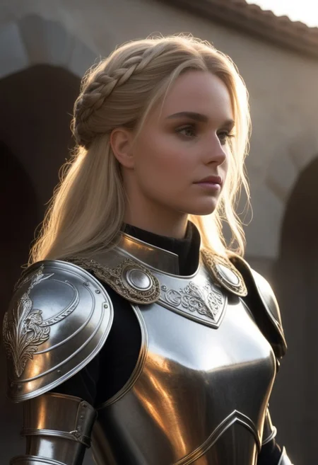 A female paladin, clad in meticulously crafted, highly reflective plate armor, stands in a vaguely European medieval setting. Sunlight bathes the scene, glinting off the polished steel and creating a halo effect around her blonde hair, styled in a practical updo. The image is a medium shot, taken from a normal angle, emphasizing the ornate detail of her armor and the serene confidence in her expression. Background figures in similar attire are slightly out of focus, suggesting a military procession or gathering. The scene could be enhanced with atmospheric elements like dust motes dancing in the sunbeams and the subtle suggestion of a flag or banner rippling in the background, adding a sense of grandeur and narrative context. Hyperrealistic digital illustration, octane render, volumetric lighting, anamorphic lens flares, global illumination, high dynamic range, s-curve contrast, filmic gamma curve
(8k uhd:1,4)
<lora:add-detail-xl:1>
<lora:Dynamic Poses:1>