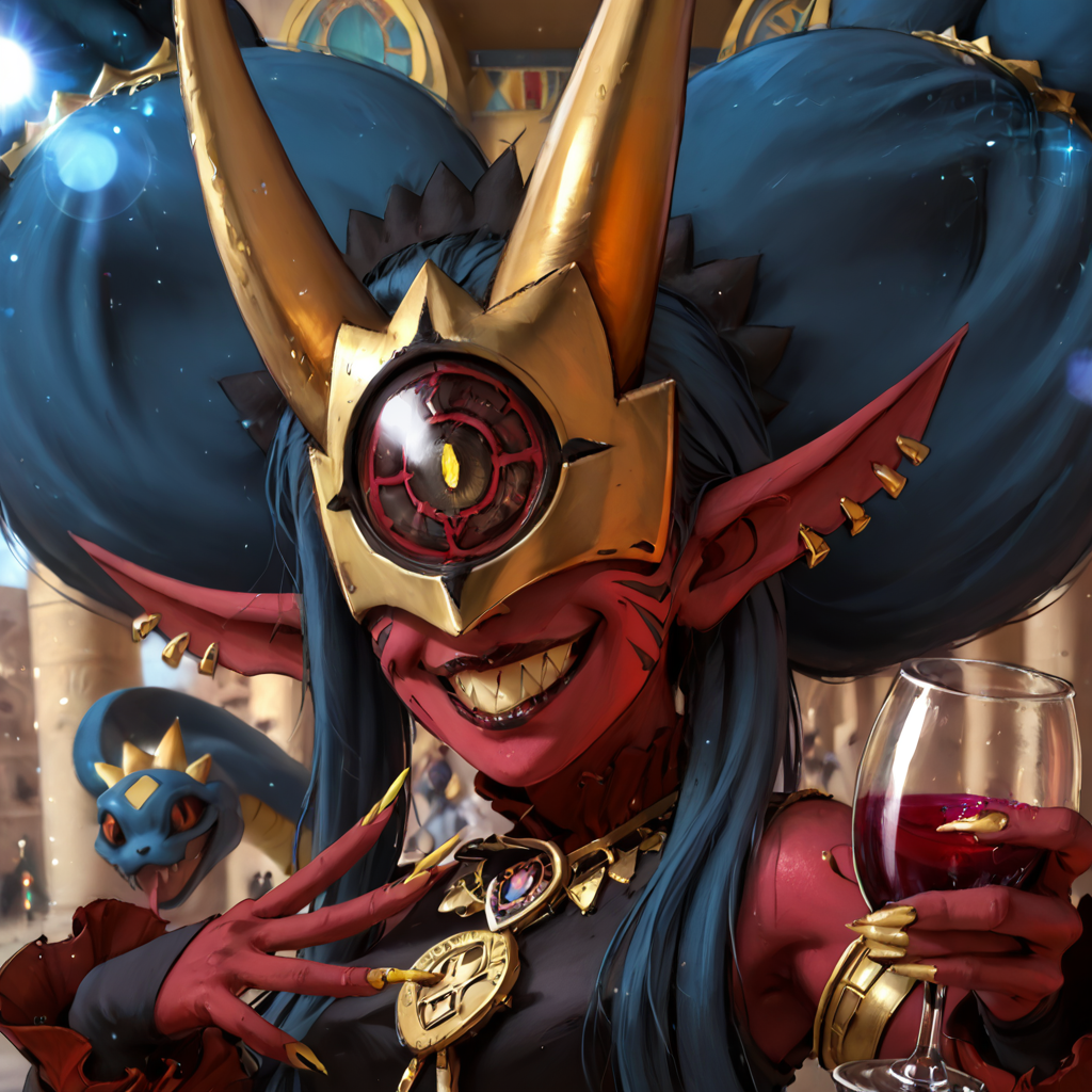 score_9, score_8_up, score_7_up,rating_safe,1girl,solo,medusamon,single eye,shirt,dress,detached sleeves,low wings,solo,  upper body,  holding wine glass,  looking at viewer, angry, v-shaped eyebrows,  crazy smile, crazy eyes,  , malice, wrapped smile, shaded face, portrait , <lora:MedusamonPony:0.9>  at ancient egypt, egyptian city,  ,photo,DLSR,HDR, zPDXLrl,mask,gold horns,snake hair