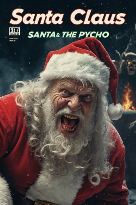 vintage sci-fi comic book cover of a very old santa claus as a scary demon in a feast of horror and laughing hard, (title says "SANTA THE PSYCHO":1.45) dramatic scene, mad man, crazy, mad eyes, screaming, blood everywhere, psycho, cinematic, front camera view, symmetric front view, ugly, charismatic, chains and webs, broken bad teeth <lora:Wiz-VintageComicBookCover_v01:1>, christmas theme, (masterpiece:1.2), (intricate details:1.0), illustration, flat colors, best quality, high quality, vibrant colors, ultra high res, professional artwork, 4k, 8k uhd, extremely intricate, extremely detailed, amazing, fine detail, rich colors, unrealengine, trending on artstation,absurdres, highres