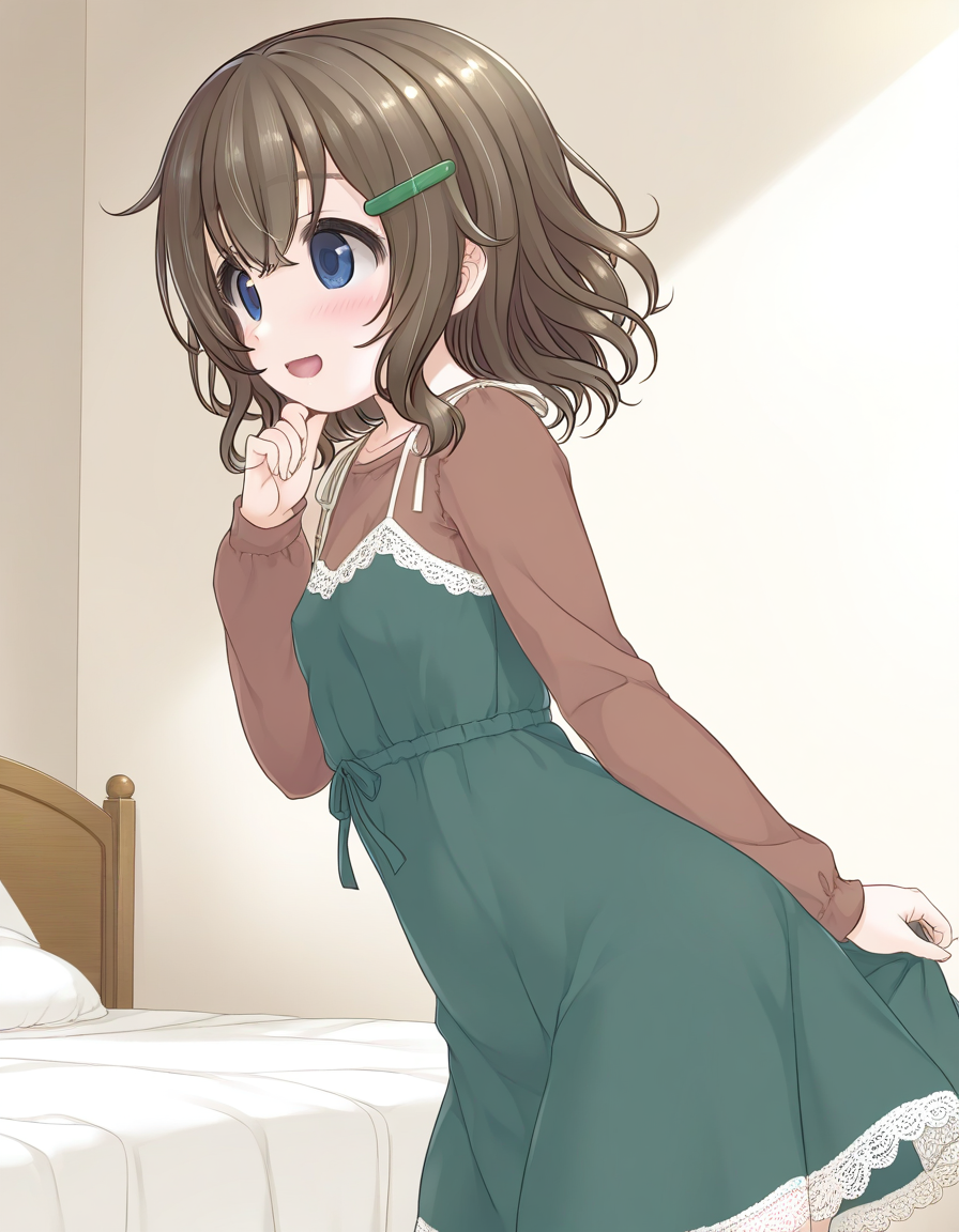 general,highres, ultra-detailed,very aesthetic,best quality ,best hands,  BREAK <lora:Fukami_Nonoka_IS:1> FukamiNonoka, 1girl,solo, bangs, medium hair, brown hair, hairclip, blue eyes, smile, open mouth,
solo, dress, blush, long sleeves,  closed mouth, shirt, looking away, green dress, from side, hair between eyes, sleeveless dress, hand up, sleeveless, brown shirt, profile, hand on own chin, cowboy shot, lace trim, lace-trimmed dress
bed room,