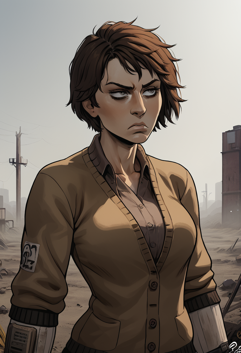 emmapxl, 1girl, solo, very short hair, athletic, wasteland, cardigan, locket, watermark, short clothes, pouting,  <lora:EmmaPXL:1> <lora:IncaseLycoXL:1>