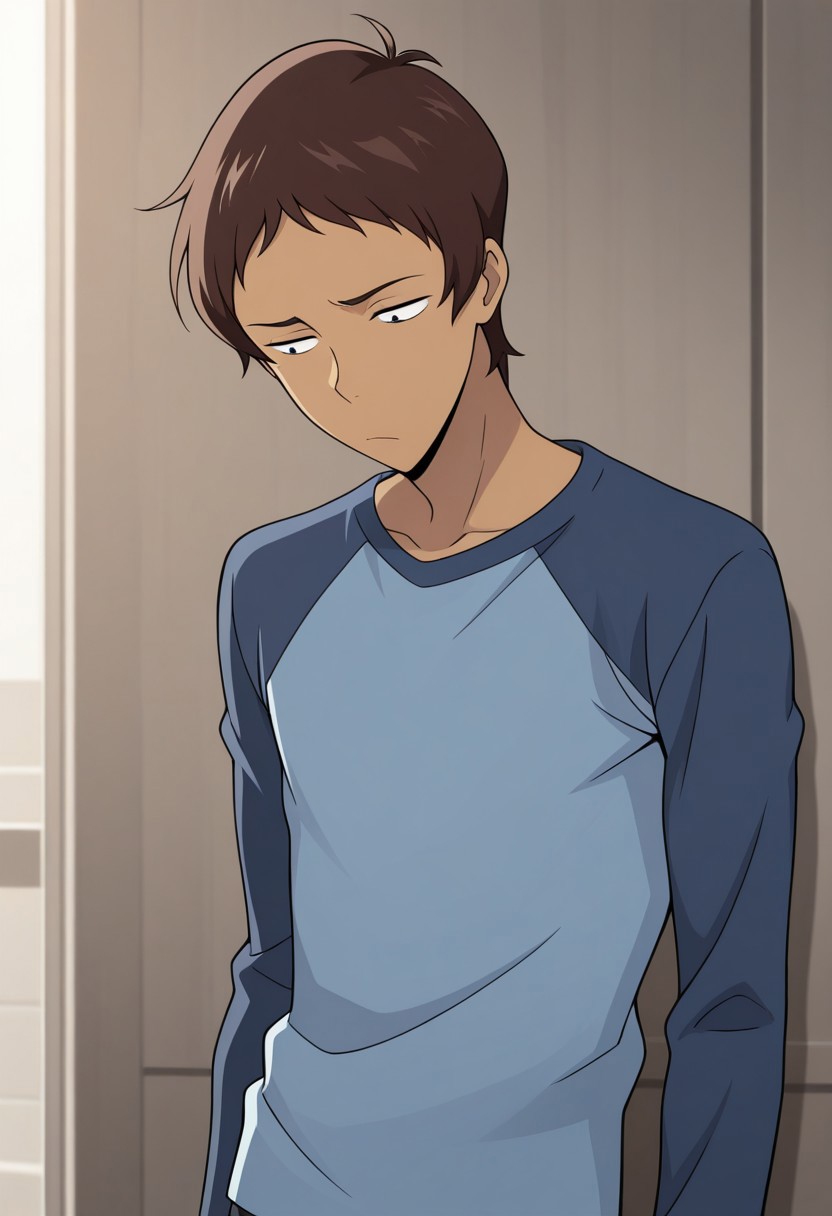 masterpiece,best quality,amazing quality, source_anime, 
lanciuv, 1boy, male focus, solo, dark skin, dark-skinned male, brown hair, forehead, shirt, blue shirt, long sleeves, raglan sleeves,