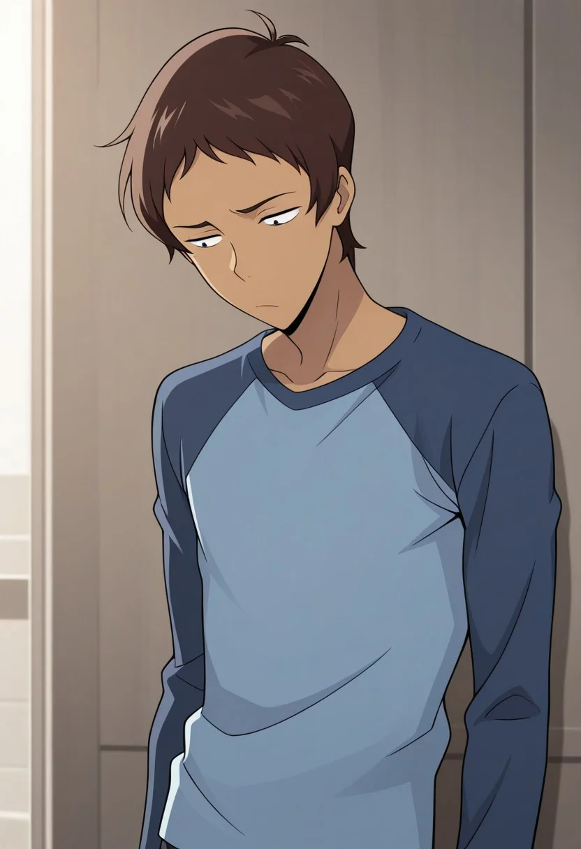 masterpiece,best quality,amazing quality, source_anime,
lanciuv, 1boy, male focus, solo, dark skin, dark-skinned male, brown hair, forehead, shirt, blue shirt, long sleeves, raglan sleeves,