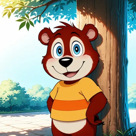 1boy, male focus, short, blue eyes, bear, striped shirt, yellow shirt, cartoon, one-red stripe, short sleeves, solo, no humans, striped, smile, open mouth, looking at viewer, focus on face, hiding behind a tree, peeking out nervously, sunlight filtering through leaves
BREAK best quality, amazing quality, very aesthetic, absurdres, newest, masterpiece, mischievous,