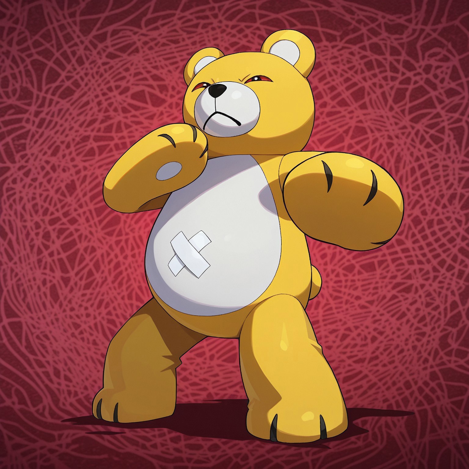 Monzaemon, digimon (creature), solo, male, bear ears, black pupils, red sclera, yellow skin, white skin, two-tone skin, bandaid on belly, 

BREAK full body, standing, looking at viewer, red scary abstract background 

BREAK best quality, amazing quality, very aesthetic, absurdres, newest, masterpiece, high quality