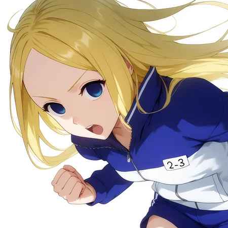 pixiv masterpiece, source_anime, score_9, score_8_up, score_7_up, score_6_up, absurd res, BREAK
<lora:Nino_arakawa_under_the_bridge_illu_v24-000017:1>, nino_arakawa_il, 1girl, solo, tracksuit, number_tag, small breasts, concentrated, white background, simple background, clenched fist, blue_shorts
