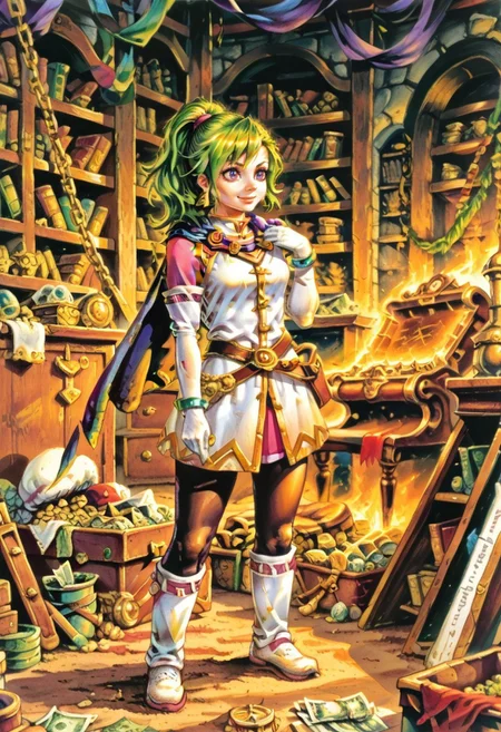 safe_pos, score_8, score_8_up, score_7_up, elmore_style, traditional media, 1girl, solo, female focus, solo, Karis_GS, green hair, ponytail, bangs, asymmetrical hair, sidelocks, purple eyes, triangle earrings,capelet, blue capelet, small breasts, mandarin collar, coat, white coat, ribbon trim, gold trim, undershirt, pink shirt, pink sleeves, crossed belts, miniskirt, pink skirt, white gloves, elbow gloves, bracelet, black pantyhose, white boots, knee boots, indoors, gold, treasure hoard, chest, piles of money, smile, awe,