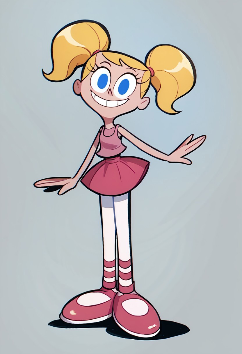 score_9, score_8_up, score_7_up BREAK DeeDeeDL, 1girl, blonde pigtails, blue eyes, pink tank top, pink skirt, white tights, pink ballet shoes, smiling at viewer, solo, solo focus,
