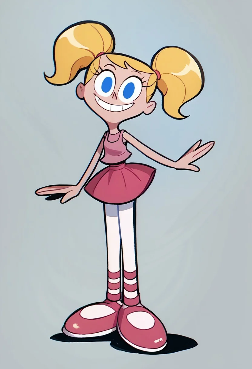 score_9, score_8_up, score_7_up BREAK DeeDeeDL, 1girl, blonde pigtails, blue eyes, pink tank top, pink skirt, white tights, pink ballet shoes, smiling at viewer, solo, solo focus,