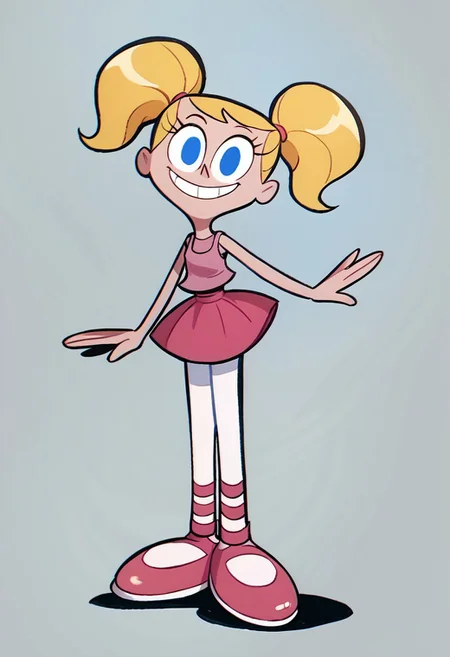 score_9, score_8_up, score_7_up BREAK DeeDeeDL, 1girl, blonde pigtails, blue eyes, pink tank top, pink skirt, white tights, pink ballet shoes, smiling at viewer, solo, solo focus,