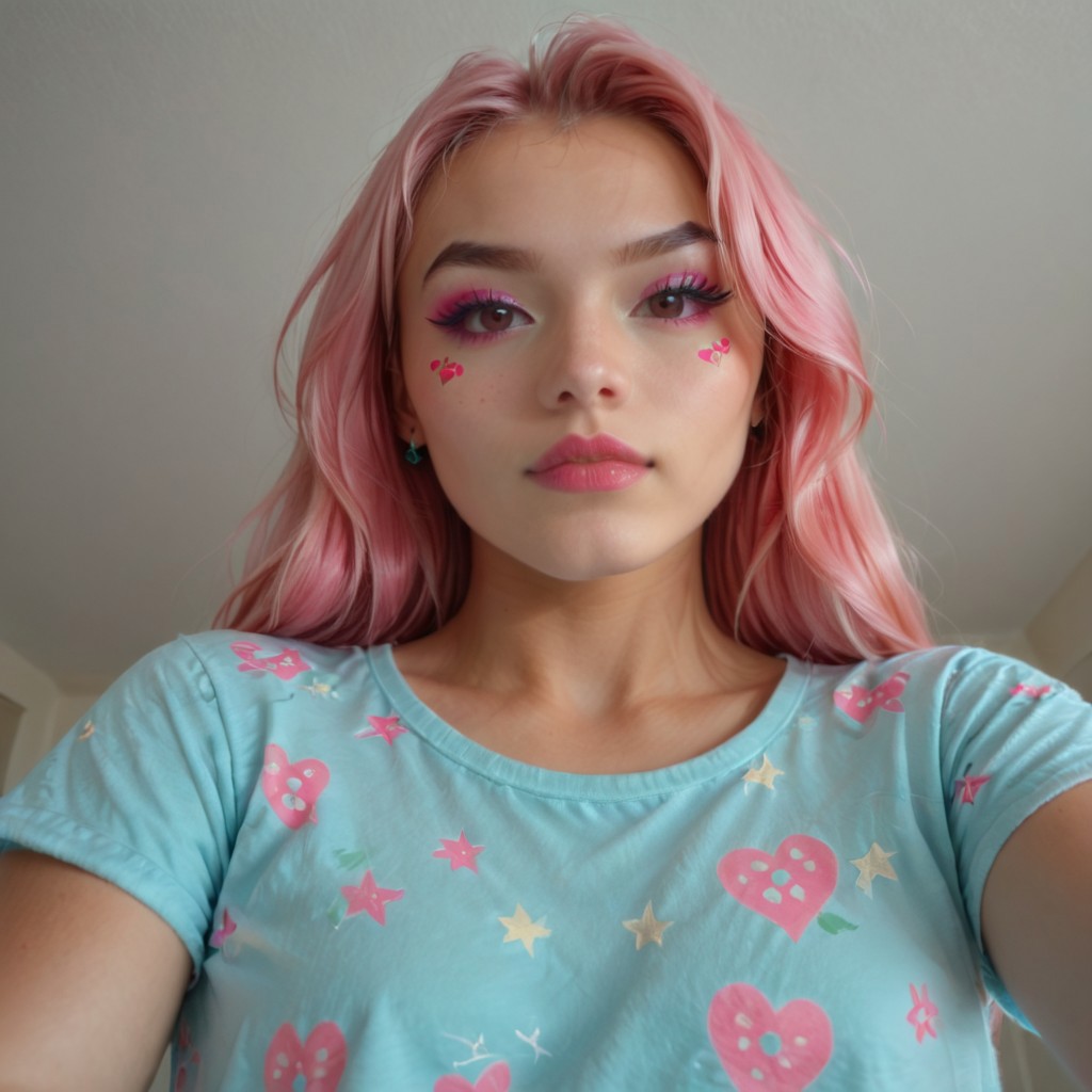(aerial perspective), The image features a person with intricate asian face tattoos, wearing a brightly colored, patterned outfit, and accessorized with vibrant, multi-colored jewelry. The overall color scheme is dominated by shades of pink and blue, giving it a striking and artistic appearance,