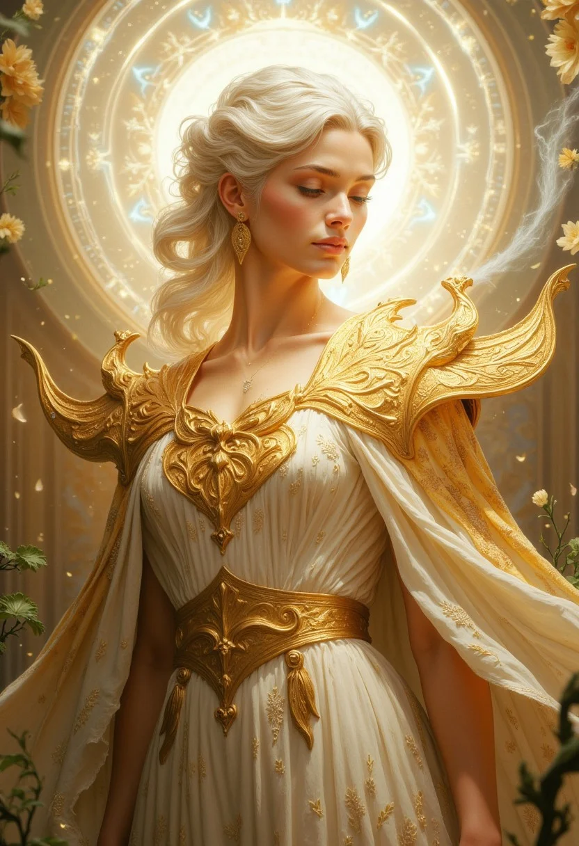 A regal head-and-shoulders portrait of a woman standing amidst an ethereal and luminous setting. Her platinum blonde hair is intricately styled into an elegant updo, with loose curls cascading gracefully down her shoulders. She is adorned in a flowing golden-white gown with delicate pleats and lace accents, cinched at the waist with a finely detailed belt. Her ornate golden mantle, shaped like a blooming flower, frames her upper body, evoking a divine, celestial presence. The background is a swirling mix of misty whites, warm golds, and faint greens, dotted with subtle hints of organic elements like vines and blooming flowers. Her serene expression, highlighted by soft pink lips and glowing skin, conveys grace and wisdom. Golden light radiates around her like a halo, further enhancing the divine atmosphere. The scene feels like a moment frozen in time, capturing beauty, power, and tranquility.