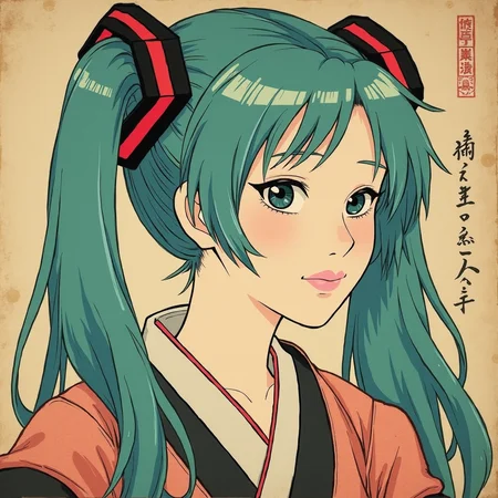 Aa weathered and dated ukiyo-e painting of portrait of Hatsune Miku
Edo-period, fashion, female-figures, everyday-life, Japanese, nature, portraits, Ukiyo-e, woodblock