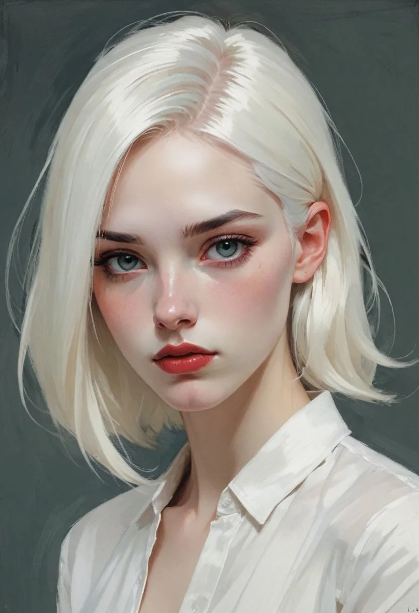 minimalist illustration, one woman, white hair, seductive, charming woman, charmful looking, captivating, minimalist, slender frame, detailed, headshot, painterly , style of malcolm liepke